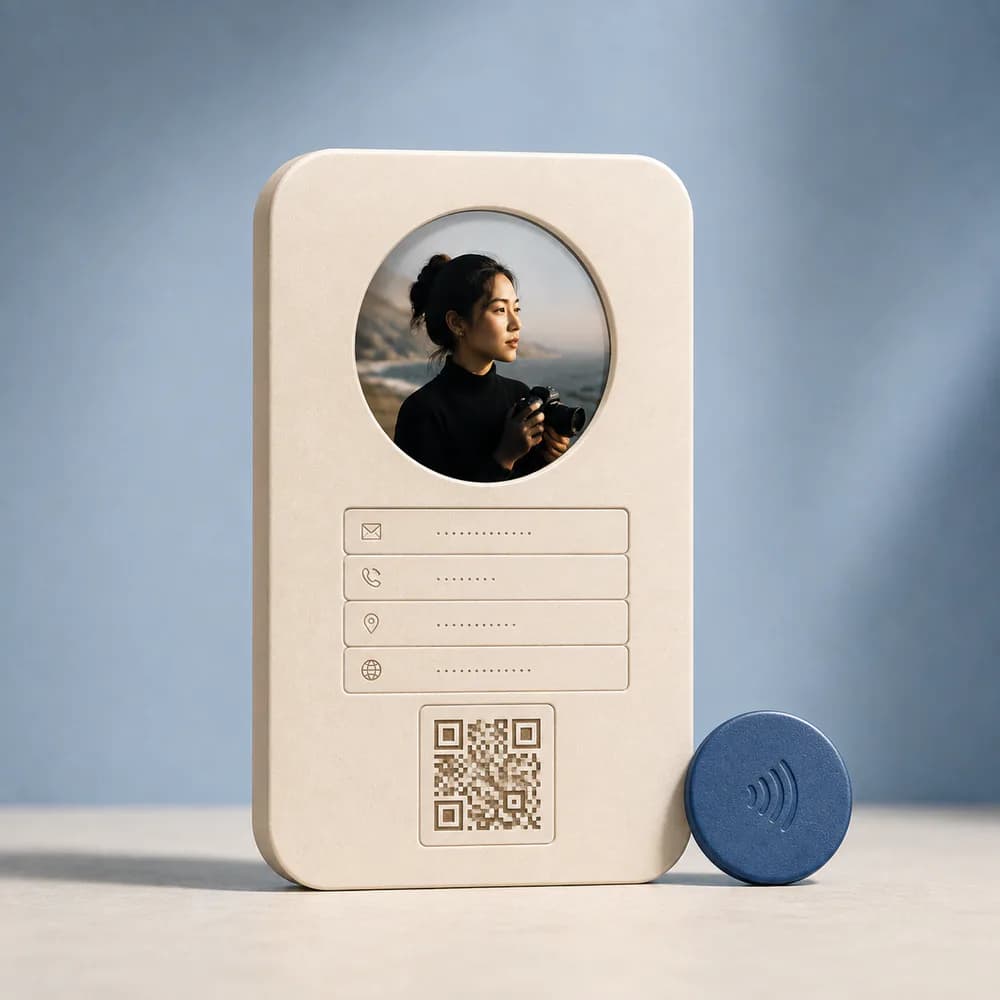 MLUE 数字名片与 NFC 概念场景：名片展示联系方式、二维码与蓝色触碰卡